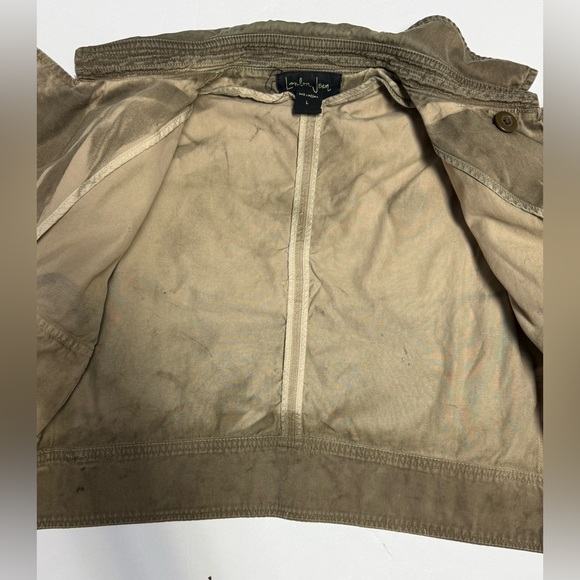 LONDON Jean Olive dyed distressed cropped double breasted utility Jacket size L - Picture 11 of 15
